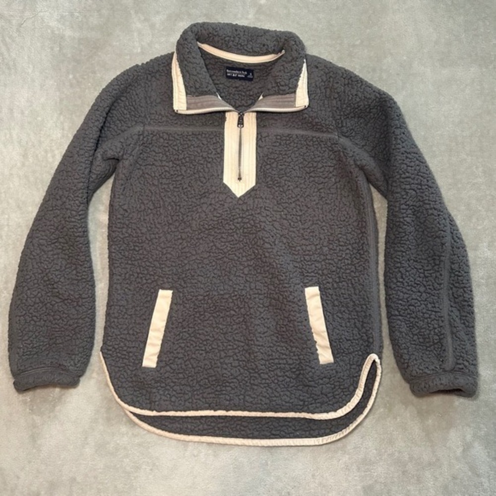Abercrombie & Fitch Sherpa Jacket Men Size S Gray Fleece Pullover 1/4 Zip Preppy